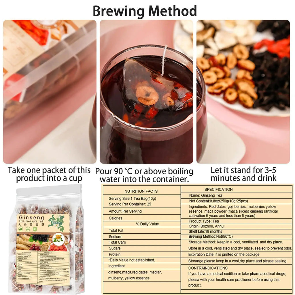 Ginseng Five Treasure Tea, Natural Organic Traditional Chinese Herbal Kidney Cleanse Detox Tea for Women & Men 10g*25 Sachets