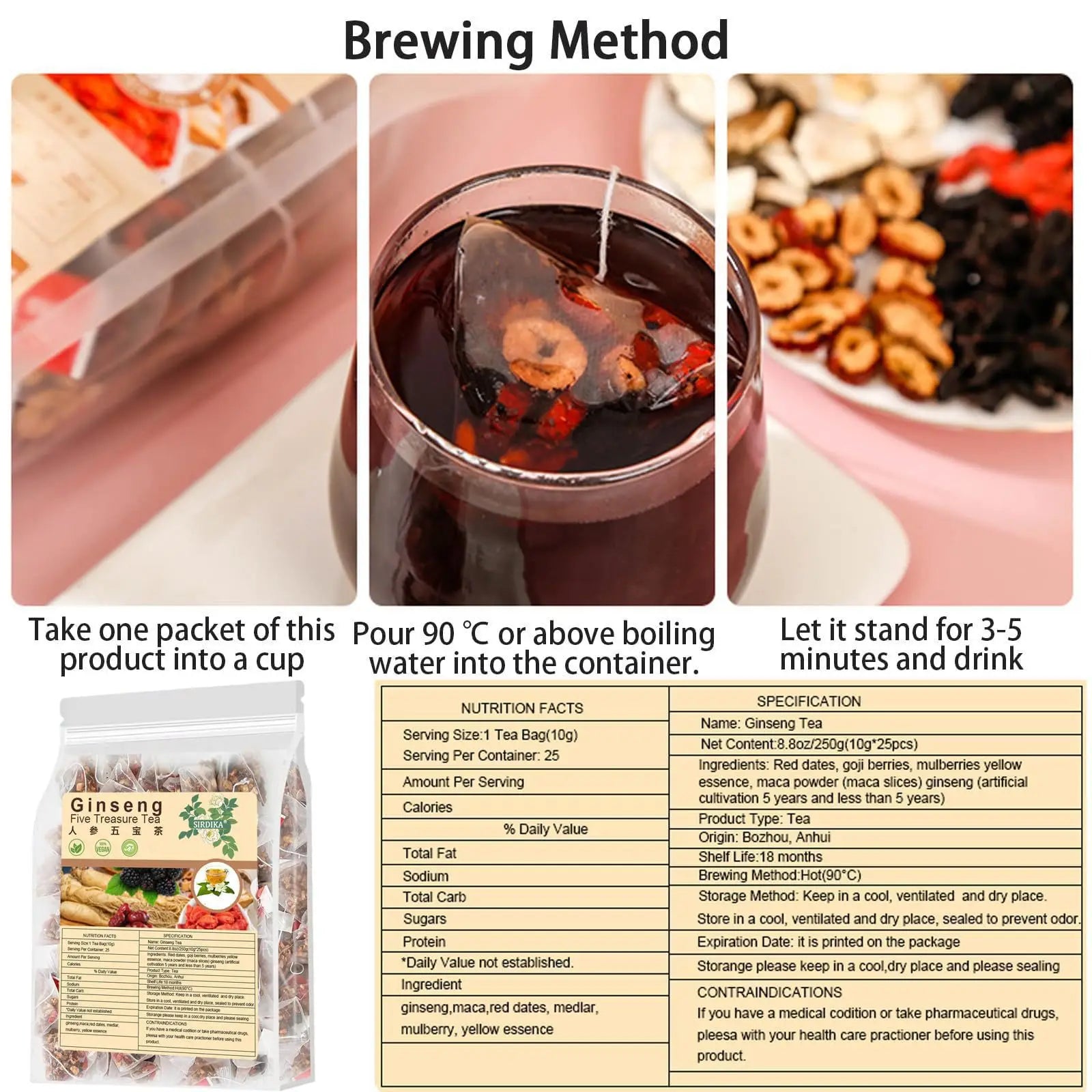 Ginseng Five Treasure Tea, Natural Organic Traditional Chinese Herbal Kidney Cleanse Detox Tea for Women & Men 10g*25 Sachets