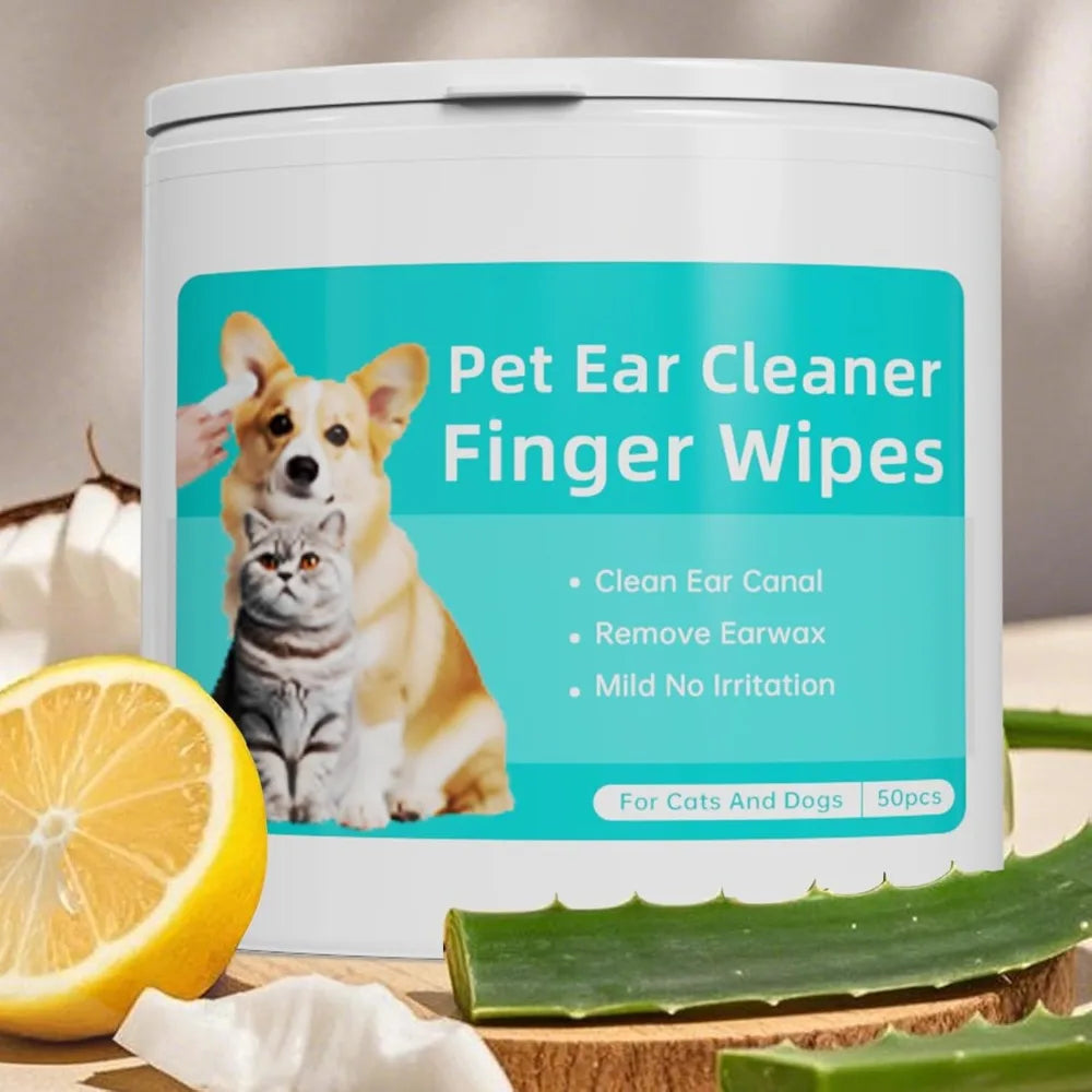 Dog Ear Wipes, Dog Ear Cleaning Wipes for Remove Ear Wax & Odor, Pet Ear&eyes Cleaning Finger Wipes for Dogs and Cats, 50 Wipes