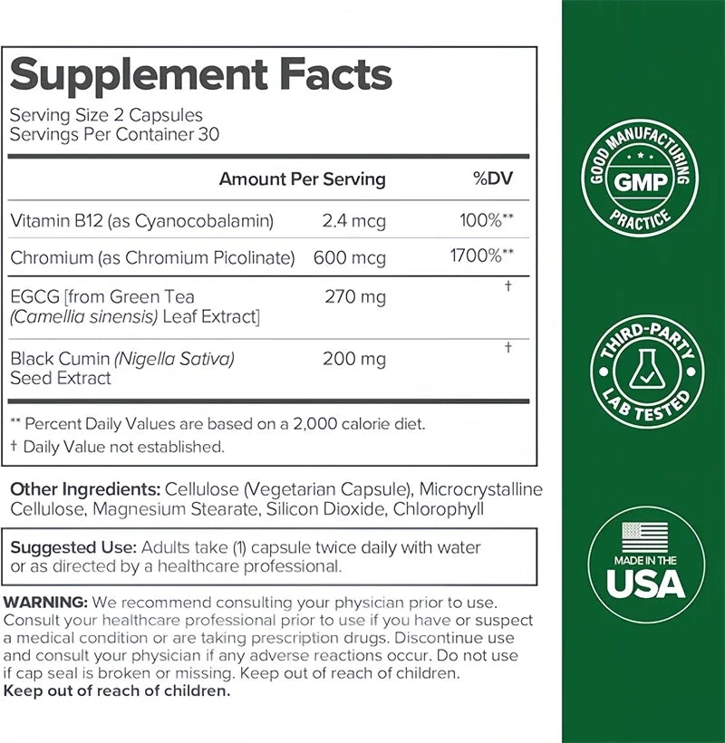 Green Tea Supplement Curb Cravings Vegan Capsules Vitamin B12 Antioxidant Metabolism Support Slimming Pills Fat Burning Detox