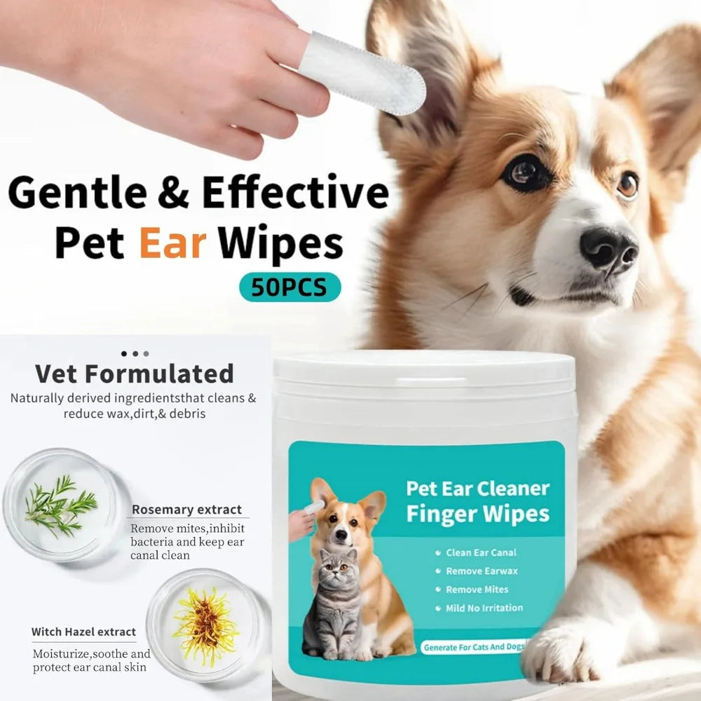 Dog Ear Wipes, Dog Ear Cleaning Wipes for Remove Ear Wax & Odor, Pet Ear&eyes Cleaning Finger Wipes for Dogs and Cats, 50 Wipes