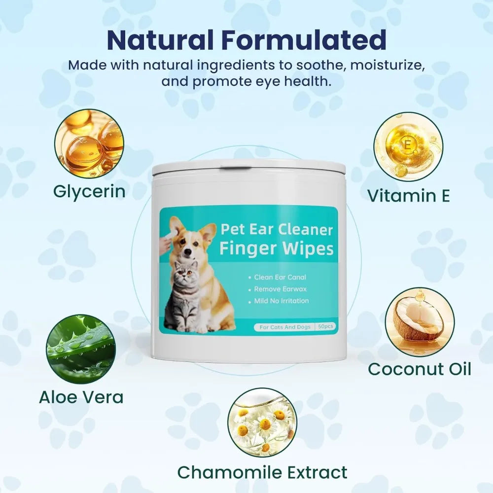 Dog Ear Wipes, Dog Ear Cleaning Wipes for Remove Ear Wax & Odor, Pet Ear&eyes Cleaning Finger Wipes for Dogs and Cats, 50 Wipes