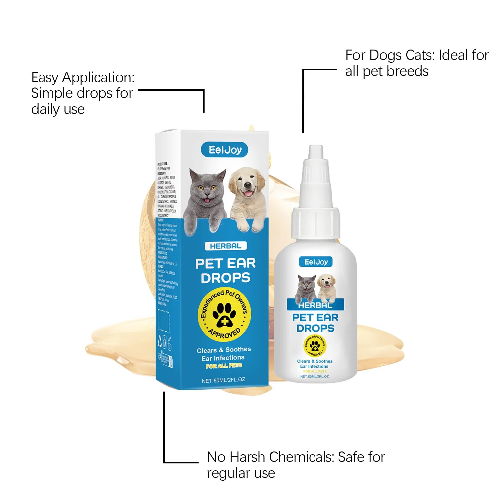 Eeljoy Pet Ear Drops Relieve Discomfort Solution Non Irritating Reduce Earwax Dandruff Remove Improve Bad Odor Cat Dog Ear Drops