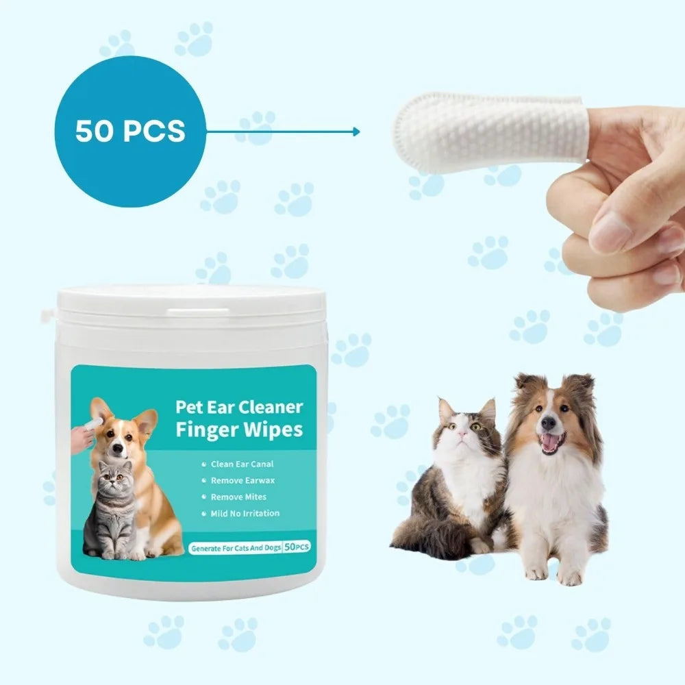 Dog Ear Wipes, Dog Ear Cleaning Wipes for Remove Ear Wax & Odor, Pet Ear&eyes Cleaning Finger Wipes for Dogs and Cats, 50 Wipes