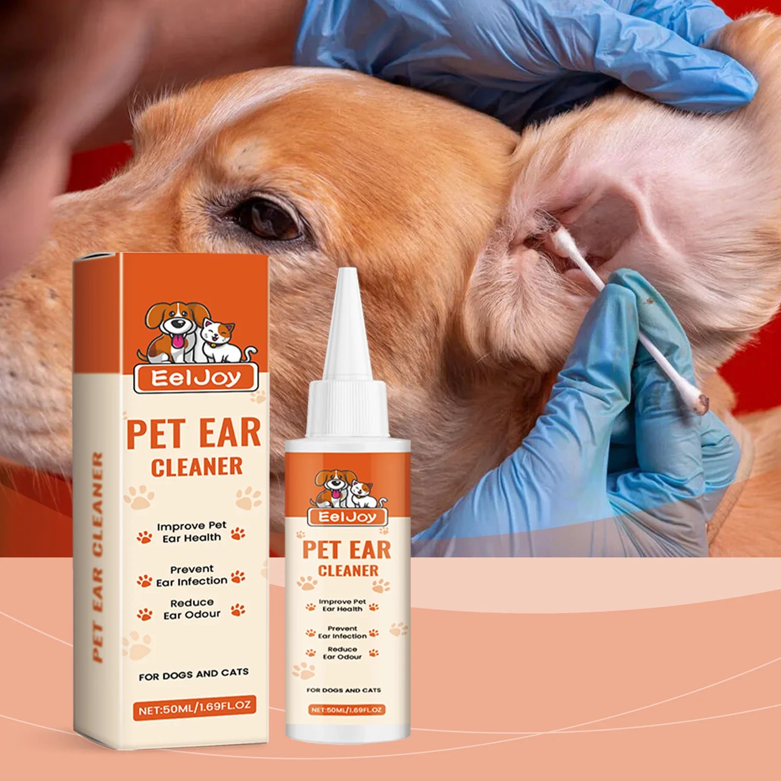 EELJOY 50ml Pet Ear Cleaner for Cats Dogs Gentle Ear Wax Removal Soothes Itching Odor Control Safe Recommended Cleaning Solution