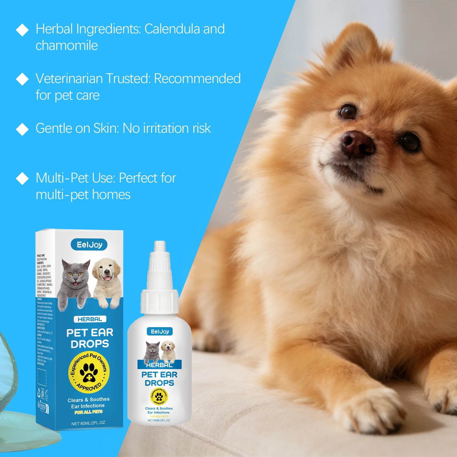 Eeljoy Pet Ear Drops Relieve Discomfort Solution Non Irritating Reduce Earwax Dandruff Remove Improve Bad Odor Cat Dog Ear Drops