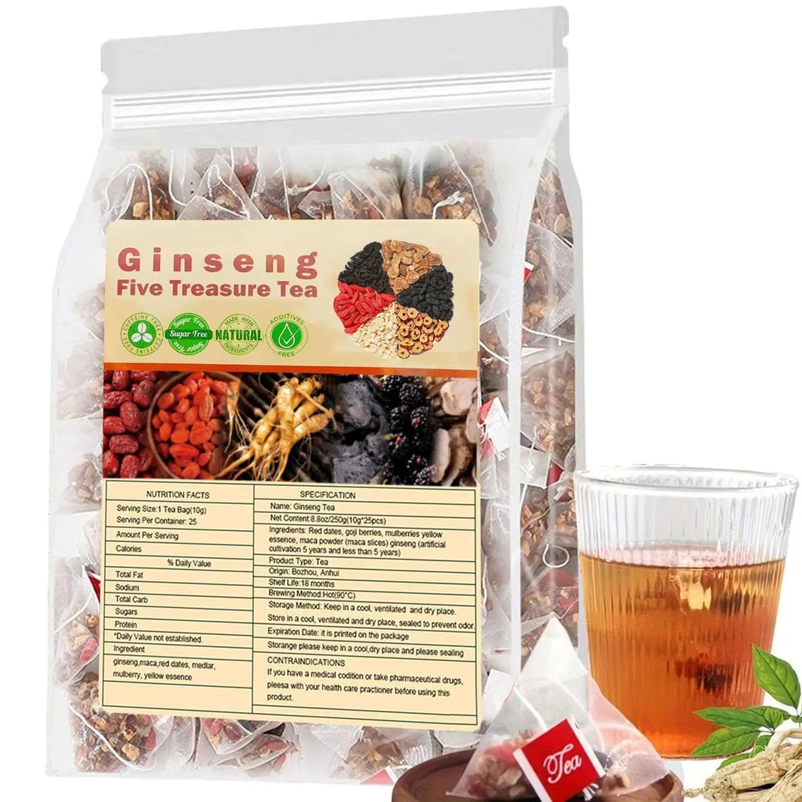 Ginseng Five Treasures Tea Kidney Tea, Kidney Cleanse Detox Tea for Men & Women, Wubao Cha, 6 Precious Ingredients 25 teabags