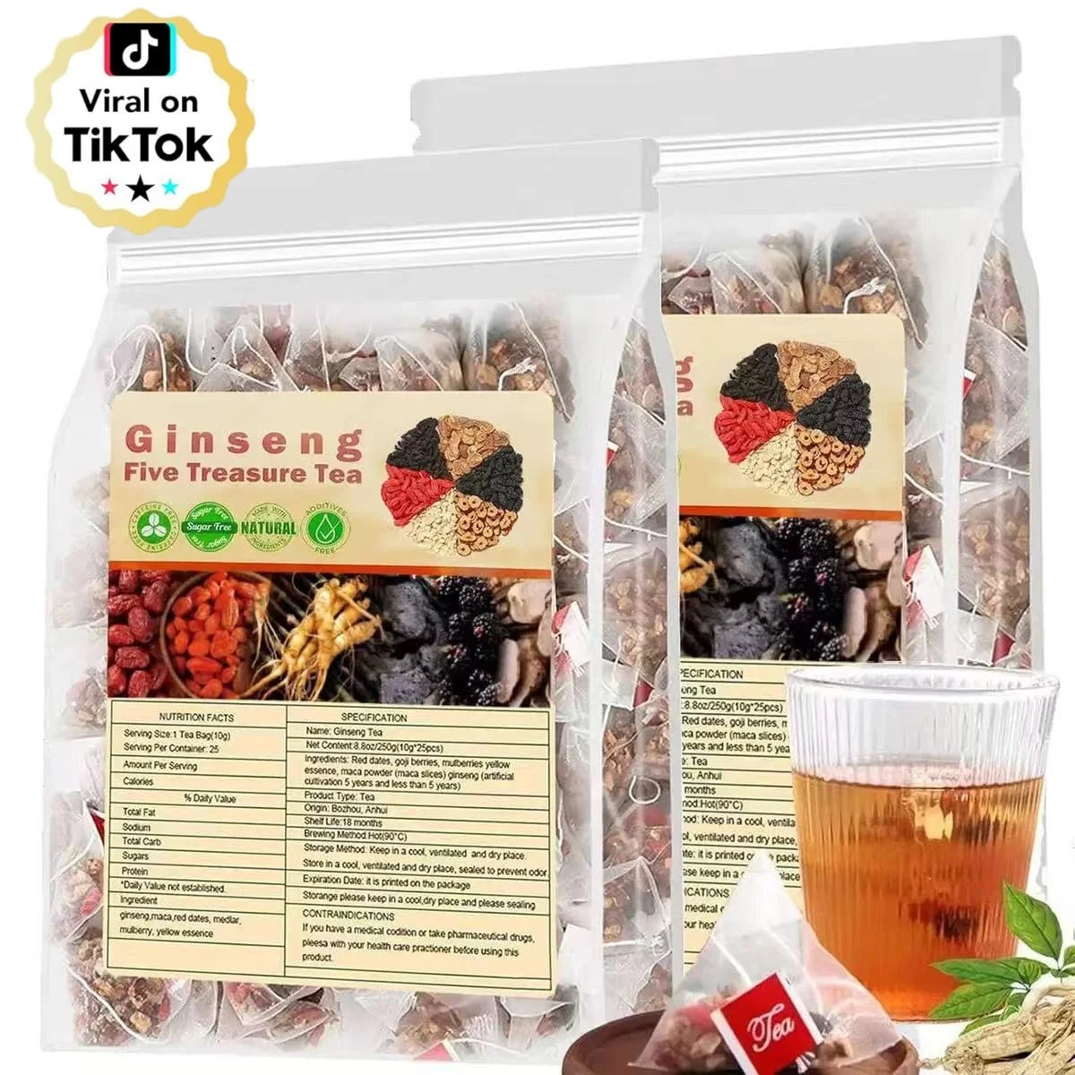 Natura Ginseng Five Treasures Tea Kidney Tea, Natural Chinese Herbal Tea,Kidney Cleanse Detox Tea for Men & Women, 6 Ingredients