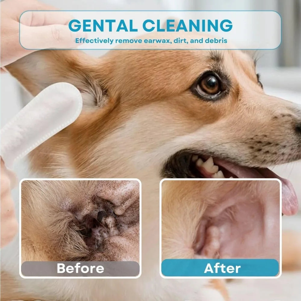 Dog Ear Wipes, Dog Ear Cleaning Wipes for Remove Ear Wax & Odor, Pet Ear&eyes Cleaning Finger Wipes for Dogs and Cats, 50 Wipes