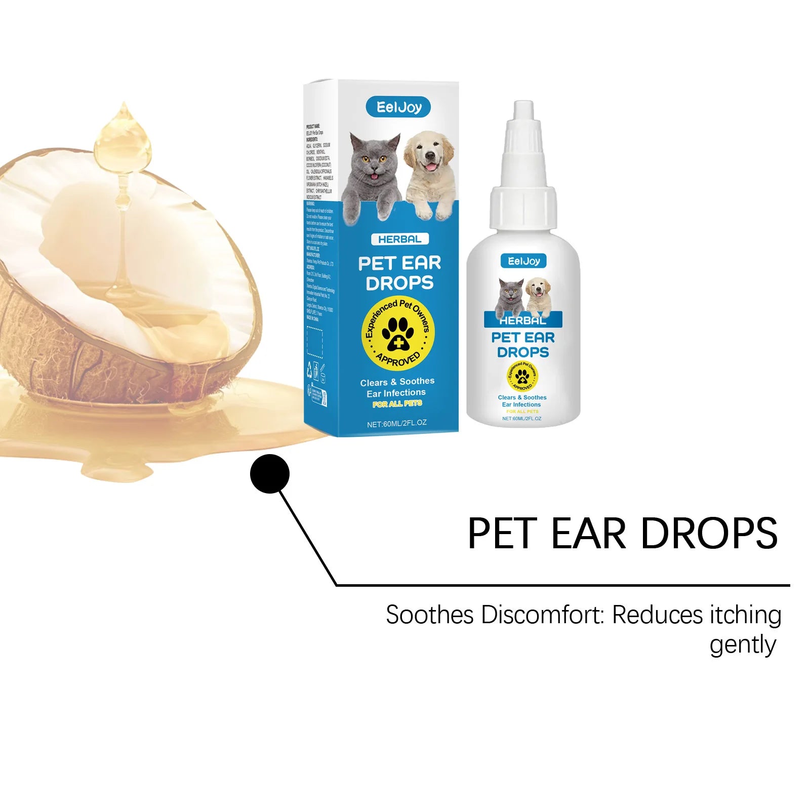 Eeljoy Pet Ear Drops Relieve Discomfort Solution Non Irritating Reduce Earwax Dandruff Remove Improve Bad Odor Cat Dog Ear Drops